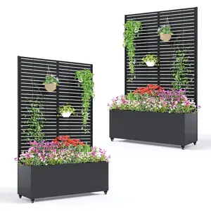2PCS Metal Planter Box with Trellis and Wheels – 71"x47"x16" Raised Garden Bed for Climbing Plants, Vegetables & Vines – Privacy Planters for Patio with Drainage Holes, 15.7" Deep Planting Bed