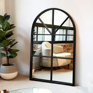 New 20 x 28 Coastal Chic Arched Lattice Window Mirror - Thin Varnished Iron Frame Wall Mount Unscented Glass Surface - Perfect for Living Room Cloakroom Bedroom or Entryway Decor Black by TinyTimes Light