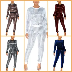 Women's Sequin Glitter Long Sleeve Sweatshirts and Skinny Long Pants Two Piece Outfits