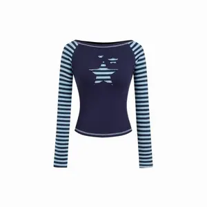 Cider Women's Cotton-Blend Boat Neck Striped Star Appliques Top