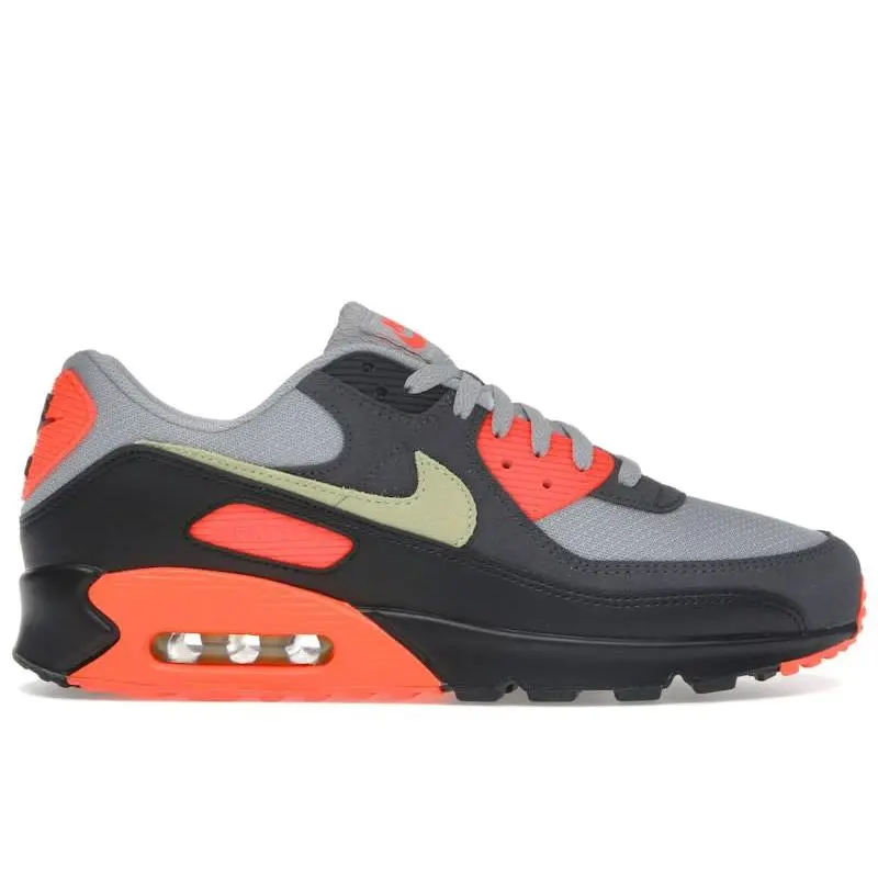 Nike Air Max 90 Light Smoke Grey Hyper Crimson Limelight Men's Sneakers – Classic Retro Running Shoes Featuring Premium Layered Upper, Vibrant Color Accents, Visible Air Cushioning, Lightweight Comfort, Durable Rubber Outsole, Iconic Nike Lifestyle