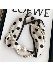 Magnetic buckle pearl necklace narrow long silk scarf women's spring, autumn and summer neck gaiter neck shirt gauze scarf thin scarf