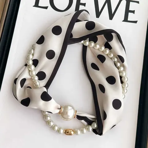Magnetic buckle pearl necklace narrow long scarf women's spring, autumn and summer neck gaiter neck shirt gauze scarf thin scarf Neckscarf