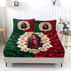 3Pcs Our Lady of Guadalupe & Mexican Flag Color 3D Rose Digital Print Fitted Sheet Set, Cultural Sacred Themed Bed Sheet Set, Soft & Durable Microfiber Bedding, Breathable Sheets, Ideal for Home Decor, Perfect Gift for Faith & Mexican Culture Lovers