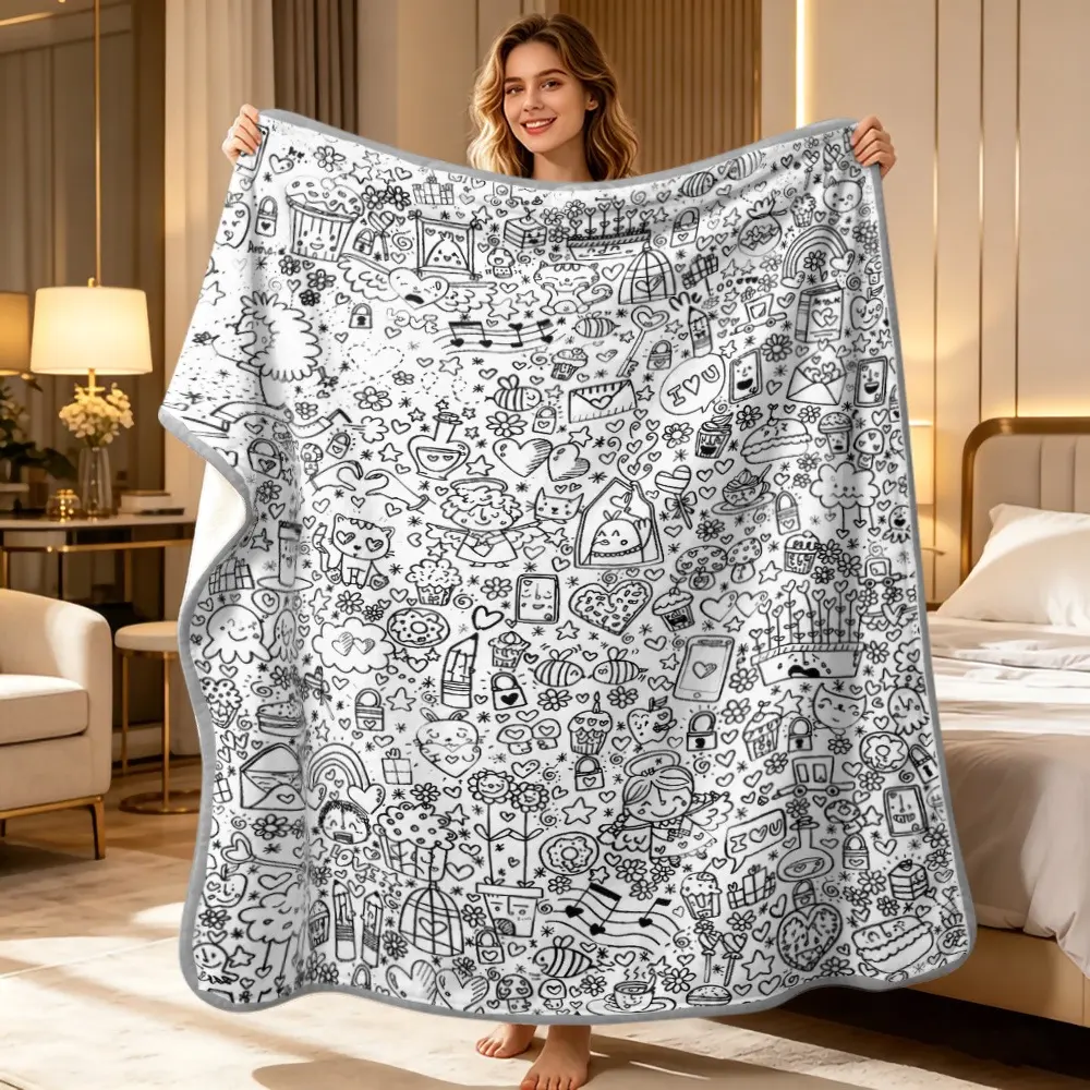 Cute Doodle Coloring Book Style Blanket, Soft Flannel Throw Blanket with Black White Kawaii Hearts Stars Flowers Snack Print, Cozy Gift for Kids Girls Teens and Art Lovers, Fun Creative Blanket for Bed Couch Sofa Bedroom Dorm, Lightweight Warm Blanket