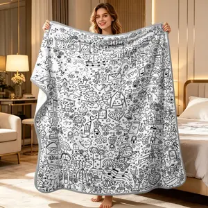 Cute Doodle Coloring Book Style Blanket, Soft Flannel Throw Blanket with Black White Kawaii Hearts Stars Flowers Snack Print, Cozy Gift for Kids Girls Teens and Art Lovers, Fun Creative Blanket for Bed Couch Sofa Bedroom Dorm, Lightweight Warm Blanket