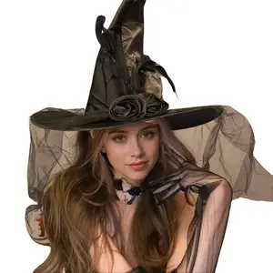 Halloween Cosplay Costume Wizard Hat & Witch Veil - Black Veil Headwear for Lolita Fashion Enthusiasts - Versatile Accessory for Themed Events