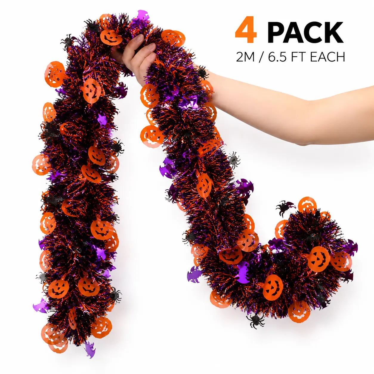 Halloween Tinsel Garland 4 Pack, 26 FT Metallic Halloween Garland Decorations with Pumpkin Bat Spider, Shiny Black Orange Purple Tinsel Streamers for Mantel Fireplace Door Window Party Indoor Outdoor Decor