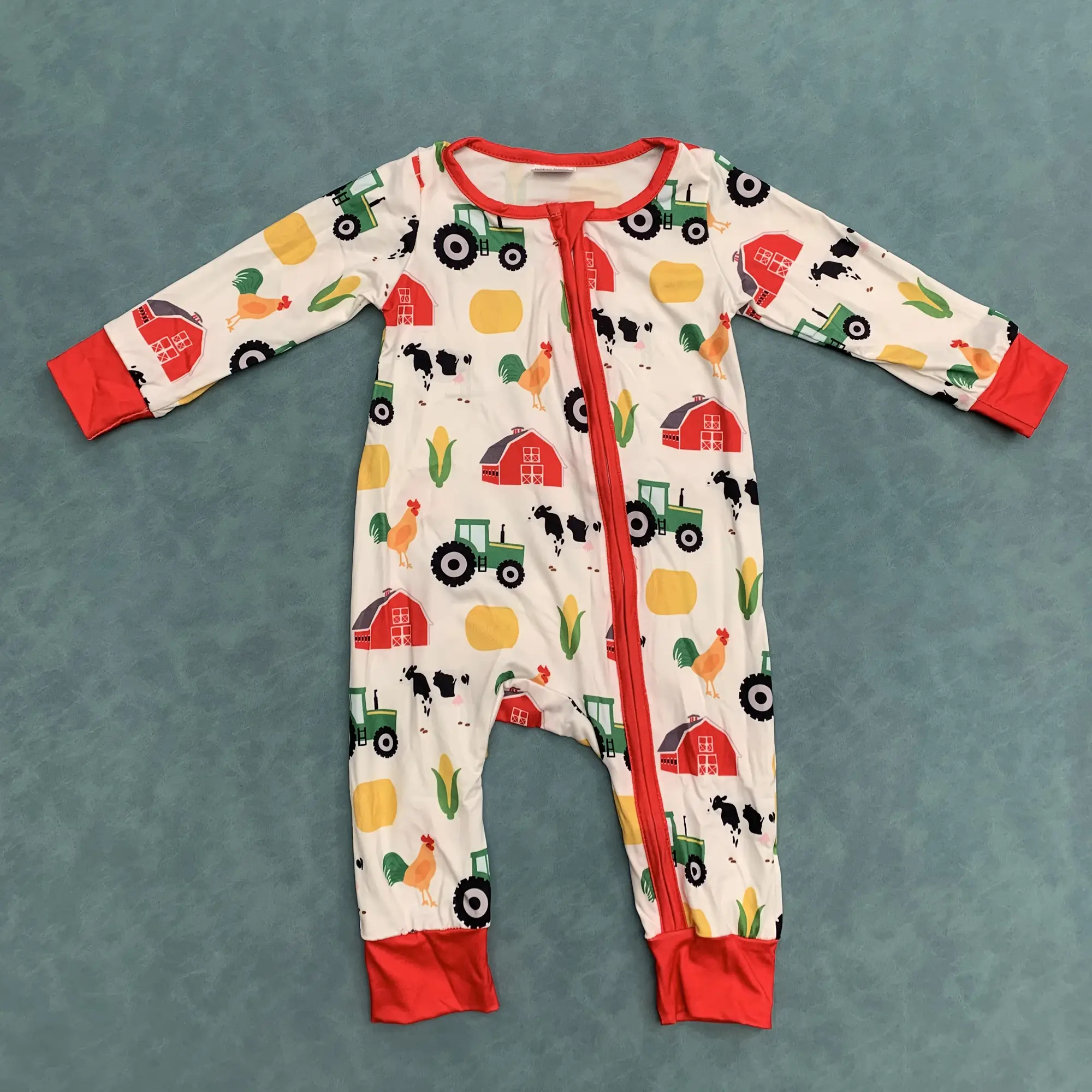 Farm chicken cow baby boy long sleeve zip romper