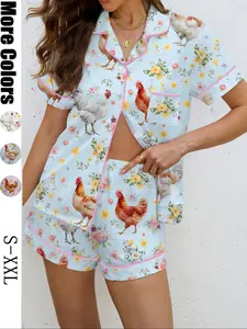 Women's Chicken Print Pajama Set, Casual All-over Print Sleepwear, Soft Shirt Collar Top & Elastic Shorts, Comfortable Home Wear, Loungewear