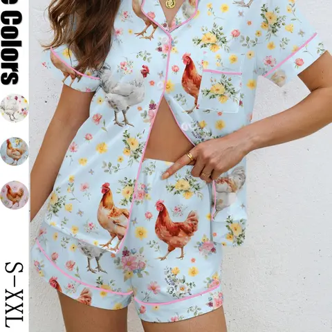 Women's Chicken Print Floral Pajama Set, Casual All-over Print Sleepwear, Soft Shirt Collar Top & Elastic Shorts, Comfortable Home Wear, Loungewear Pyjamas, Flexible Fit