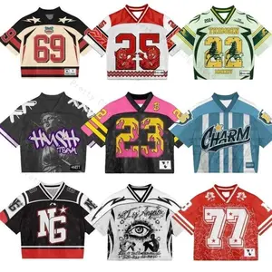 American T-Shirt, Harajuku Hip Hop Fashion, Football Jersey, Streetwear, Vintage, Casual, Breathable, Patchwork Design, Loose Fit, Short Sleeves