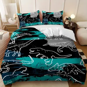 Bedding 3-piece set - 3PCS,Blue and white dinosaur graffiti design down comforter set (1 duvet cover + 2 pillowcases, filling not included). soft and comfortable, suitable for family bedrooms.
