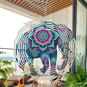 10 Inch Metal Elephant Mandala Wind Spinner with Stained Glass Beads Boho Garden Decor for Indoor Outdoor Holiday Gift Housewarming