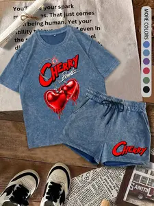 Two-piece Set Women's Cherry Print Shortsleeve Crewneck Tee & Shorts, Casual Fitted Round Neck Short Sleeve T-shirt & Shorts, Ladies Summer Clothes for Daily Wear, Suits, Womenswear, Matching Sets, Matching Clothing Set