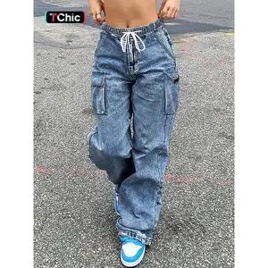 Women’s solid-color drawstring straight-leg jeans, casual pocket-design denim pants, four-season women’s underwear (gift)