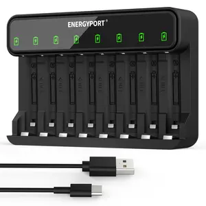 ENERGYPORT 8 Bay AA AAA Battery Charger, Independent Slot Charger with LED Light, USB High Speed Charging,  for 1.2V Ni-MH Rechargeable Batteries