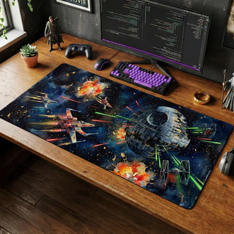 Death Star Space Battle Desk Mat, Sci-Fi Mouse Pad, Gaming Setup Decor