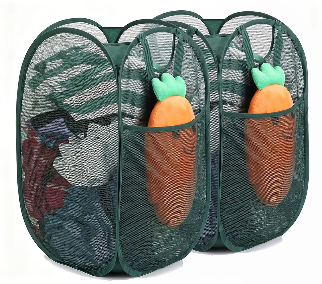 2Pcs Collapsible Mesh Laundry Basket Set with Mesh Pattern, ABS Plastic Construction & Box Packaging, 2-Color Pop Up Hamper for Home & Dorm