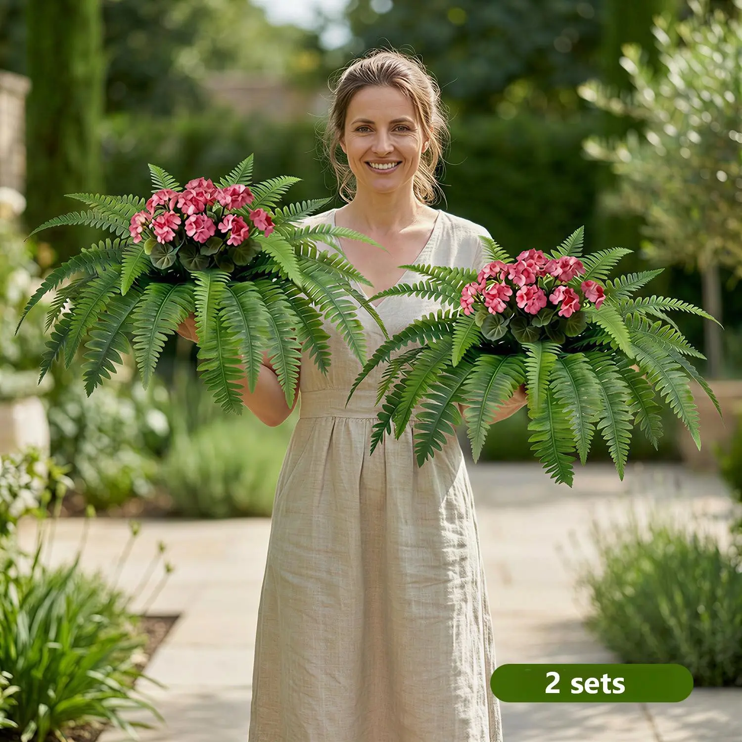 Outdoor Realistic Greenery Set, Includes Boston Fern & Geraniums, Plastic Material, No Power Needed, All-Season Decor, Fake Plant Decoration