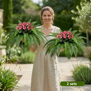 Outdoor Realistic Greenery Set, Includes Boston Fern & Geraniums, Plastic Material, No Power Needed, All-Season Decor