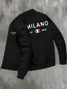 Men's Regular Fit Italy Flag Print Zip Up Jacket, Casual Long Sleeve Baseball Collar Outerwear for Fall & Winter, Men's Clothes for Daily Wear, Coats