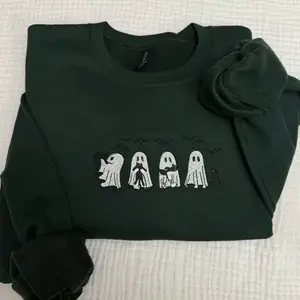Cute ghost sweatshirt with black cat embroidery, Halloween sweatshirt, spooky season sweatshirt, spooky season, spooky szk, spooky cats, cats sweatshirt, Halloween crewneck
