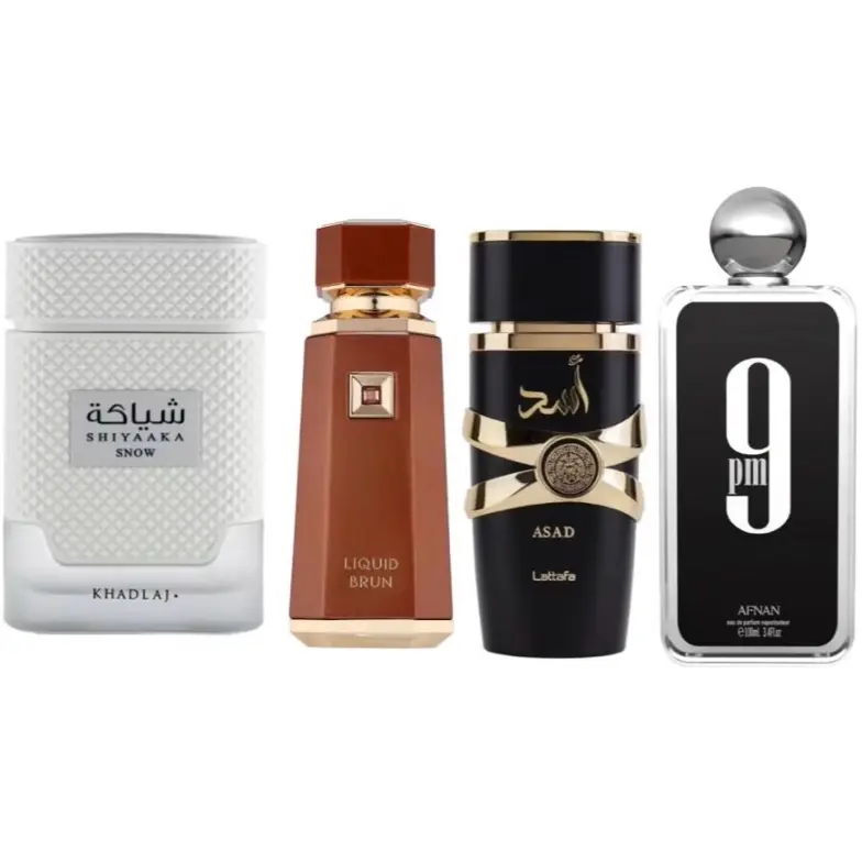 Lattafa Asad + Afnan 9pm + Shiyaaka Snow + Liquid Brun | 3.4 fl.oz 100ml | Men’s fragrance bundle