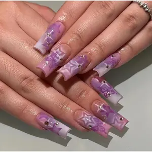 Press On Nails Medium Square Purple with Star Rhinestone and Butterfly Design For Daily and Special Events Full Cover Acrylic Nails Glossy Finish Pre Applied Glue 24Pcs