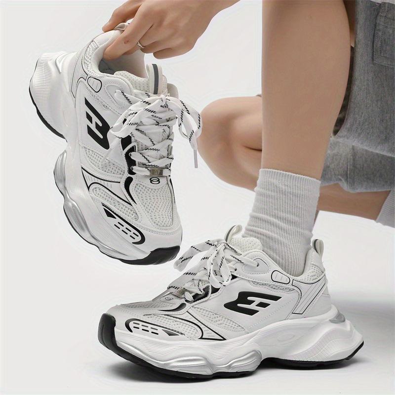 Unisex Thick-Soled Dad Shoes - Height-Increasing Lightweight Breathable Sneakers with Anti-Slip Wear-Resistant PU Sole, White & Black Athletic Design for Men & Women, Casual Outdoor Sports Shoes, Chunky Shoes, Heightboosting Footwear, Sleek