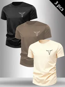 Men's Classic Bull Head Print Round Neck Short Sleeve T-Shirt 3-Pack, Casual Comfortable Top for Fall Winter Outdoor Wear