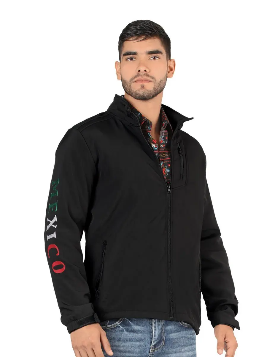 Montero Jeans Men's MON-0873BLACK Black Softshell Jacket with Mexican Flag & Tricolor Letters Zip-Up Long Sleeve Coats
