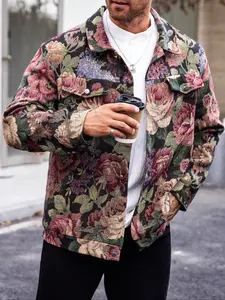Men's Plus Size Floral Shirt Jacket, Regular Fit, Elegant Casual Style, Long Sleeve Front Button Coat, Fall & Winter Clothing
