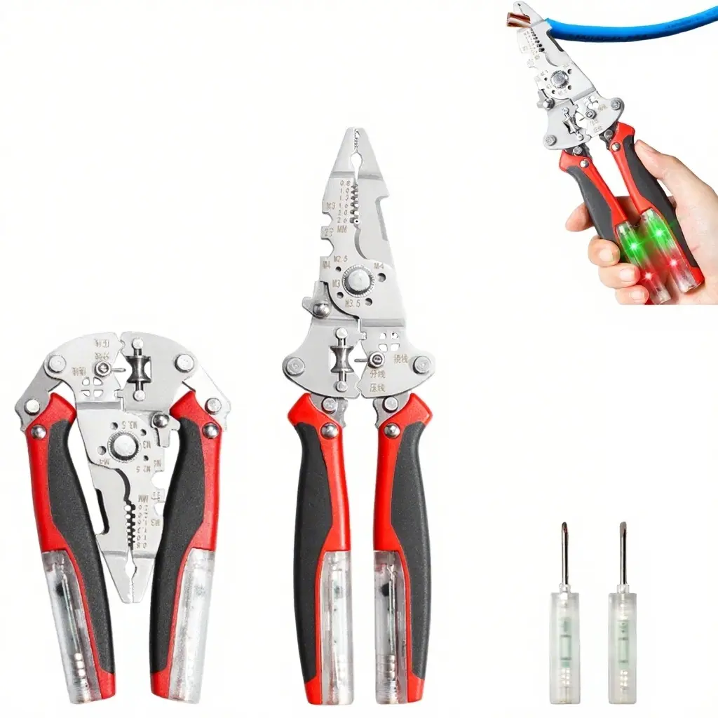 10-Inch Heavy Duty 18-in-1 Wire Stripper Pliers - Integrated Voltage Tester, 2 Detachable Tester Screwdriver Pens, Electrician Cable Cutter Splitter