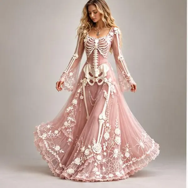 Women's Gothic Skull & Rose Print Soft Fabric Maxi Dress - Long Sleeve, Vintage Aesthetics, Everyday Halloween Special Occasion Wear