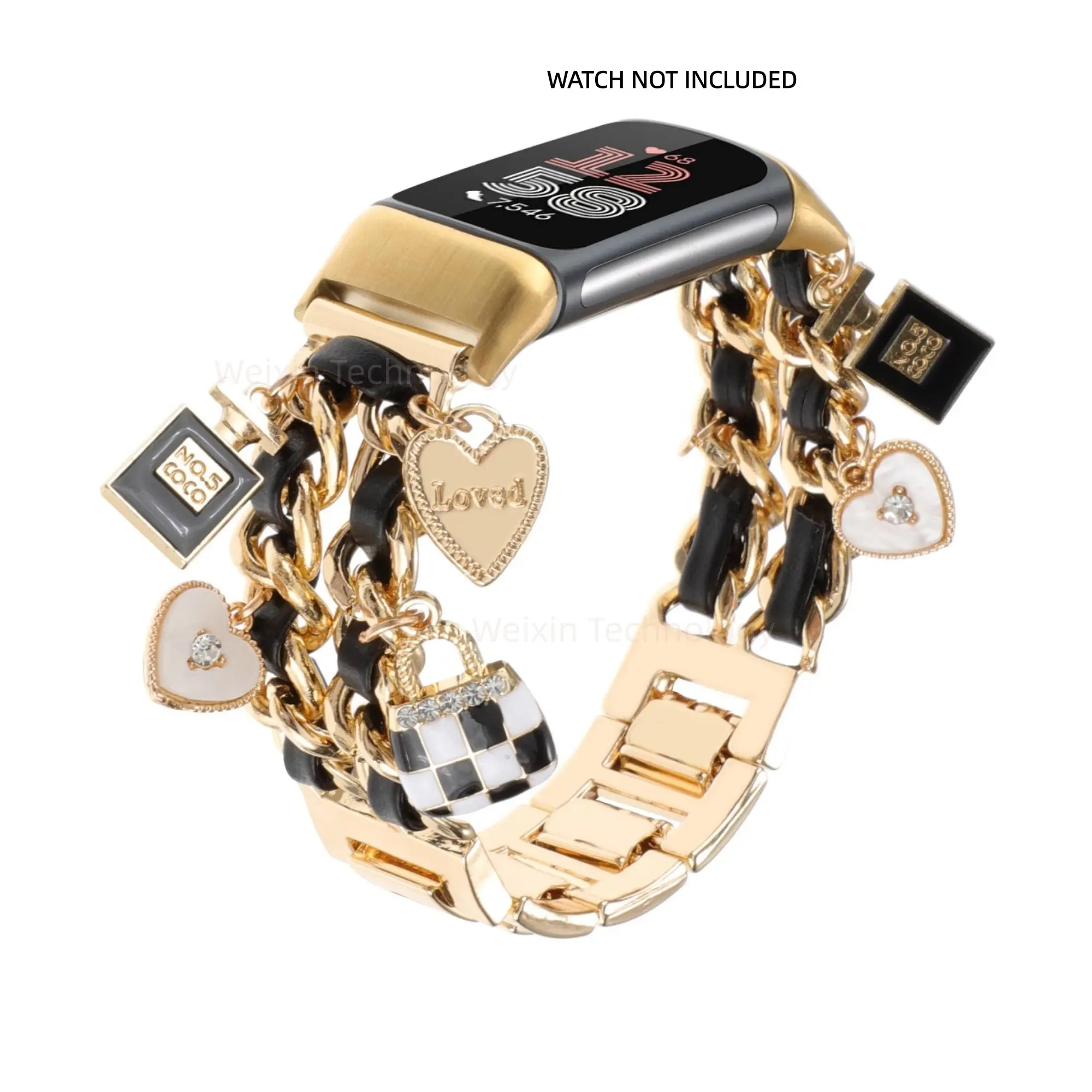 Fashionable metal wristband, compatible with Fitbit Charge 6/Charge 5 Cuban chain metal strap, suitable for women, cute strap, with unique love cross pendant chain pendant bracelet, suitable for charging 5 6 fitness trackers, Wearable Accessory