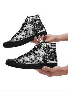 Men's Skeleton Knight & Skull Print High Top Canvas Shoes, Fashionable Lace Up Skate Shoes for Daily Wear, Casual Comfortable Sports Shoes for Men