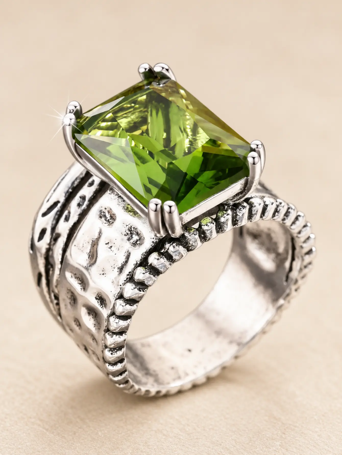 Fashion Vintage Luxury Antique Silver Tone Statement Beautiful Rings for Women, Large Rectangular Green Cut Stone, Hammered Multi-layer Wide Band, Hostess Daily Wear Eternity Band Boho Jewelry Gift for Her, Fashionable Accessory, Engagement Rings