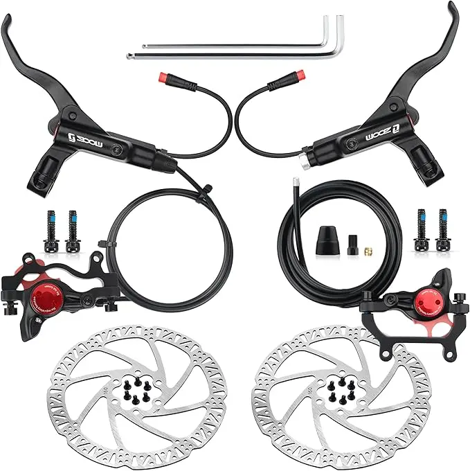 Hycline Ebike Hydraulic Disc Brake Full Set Kits with Brake Parts - Zoom H875E 2-Piston Power-Off Kit, 2-PIN Automatic Power-Off Sensor, 160mm/180mm Rotors, Mounting Adapter for Hybrid Bikes