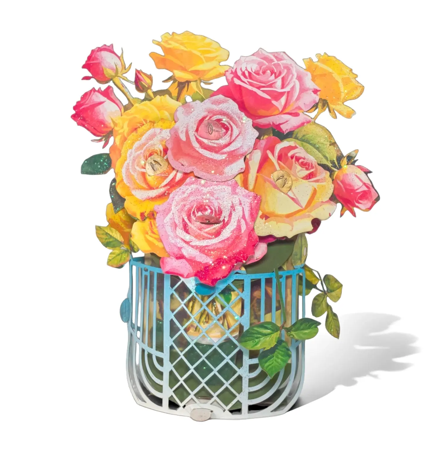 Roses in Blue basket 3D Floral card. Handmade No.50