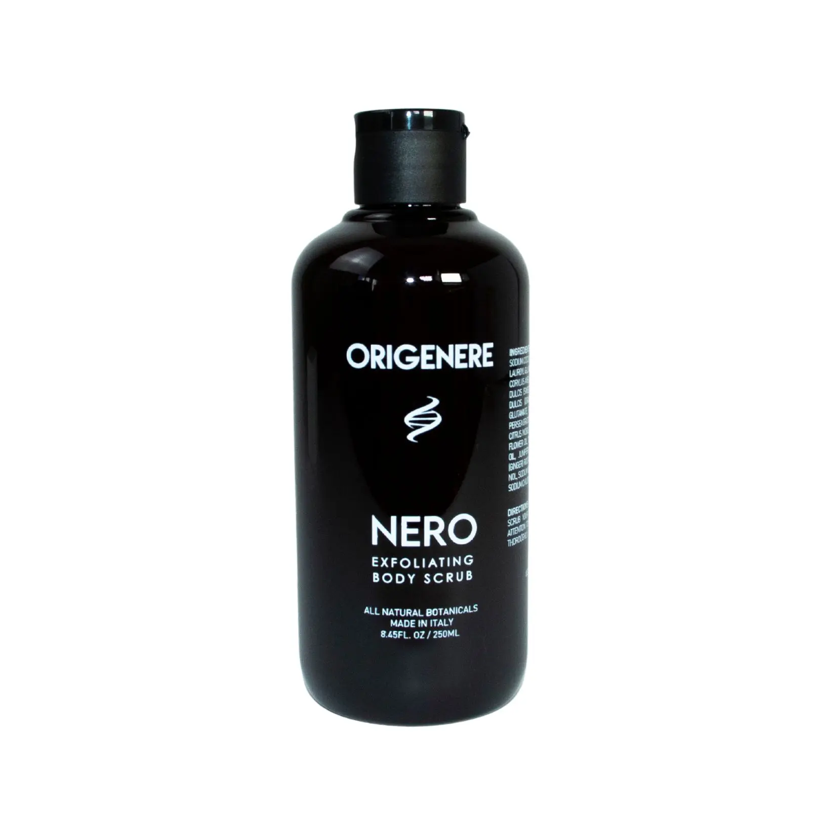 Origenere Nero Exfoliating Black Clay Body Scrub. Made in Italy with all-natural botanicals. Detoxifying formula Made with Sandalwood, Mandarin & Citrus Notes.
