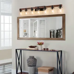 50" Rustic 7-Light Vanity Light, Industrial Bathroom Wall Sconce with Glass Shades and Wood Accent, Modern Farmhouse Lighting Fixture (No Bulbs)