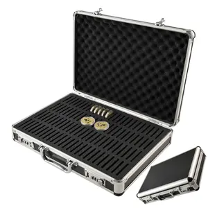 1PC 100-Slot Coin Storage Display Box with Combination Lock and Portable Handle, Aluminum Alloy Case for Commemorative Coin, Large Capacity Coin Holders Capsule Organizer for Numismatist Collector (Slot Size-52mm，Not included Coins)