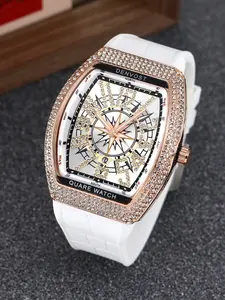 Men's Starry Frank Watch, Quartz Wristwatch, Barrel Shape, Colorblock Pattern, Sporty Style, Waterproof Watches, Night Light, Date Display, Quartz Movement