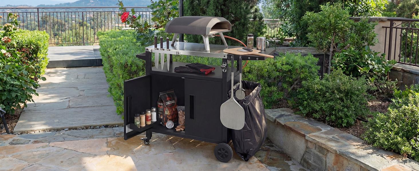 K&K Outdoor Grill Cart with Storage Cabinet, Foldable Table, Pizza Oven Table, Stainless Steel Top, Hooks, Spice Rack, Waterproof Cover, 4 Secure Locking Wheels, Heavy Duty Structure, 45 Gallons Closed Storage, 20 Gallons Open Storage