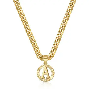 Gold Initial Necklace,14K Gold Plated Round Letter Pendant Hollow Capital Monogram 5mm Cuban Chain Necklace Alhpabets from A-Z Dainty Jewelry for Women Men