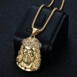 Unisex 18 Karat Gold-Plated Stainless Steel Jesus Christ Face Charm Pendant Necklace, Hip Hop Collar Chain, Christian Fashion Jewelry, Necklaces for Women, Couple Gift