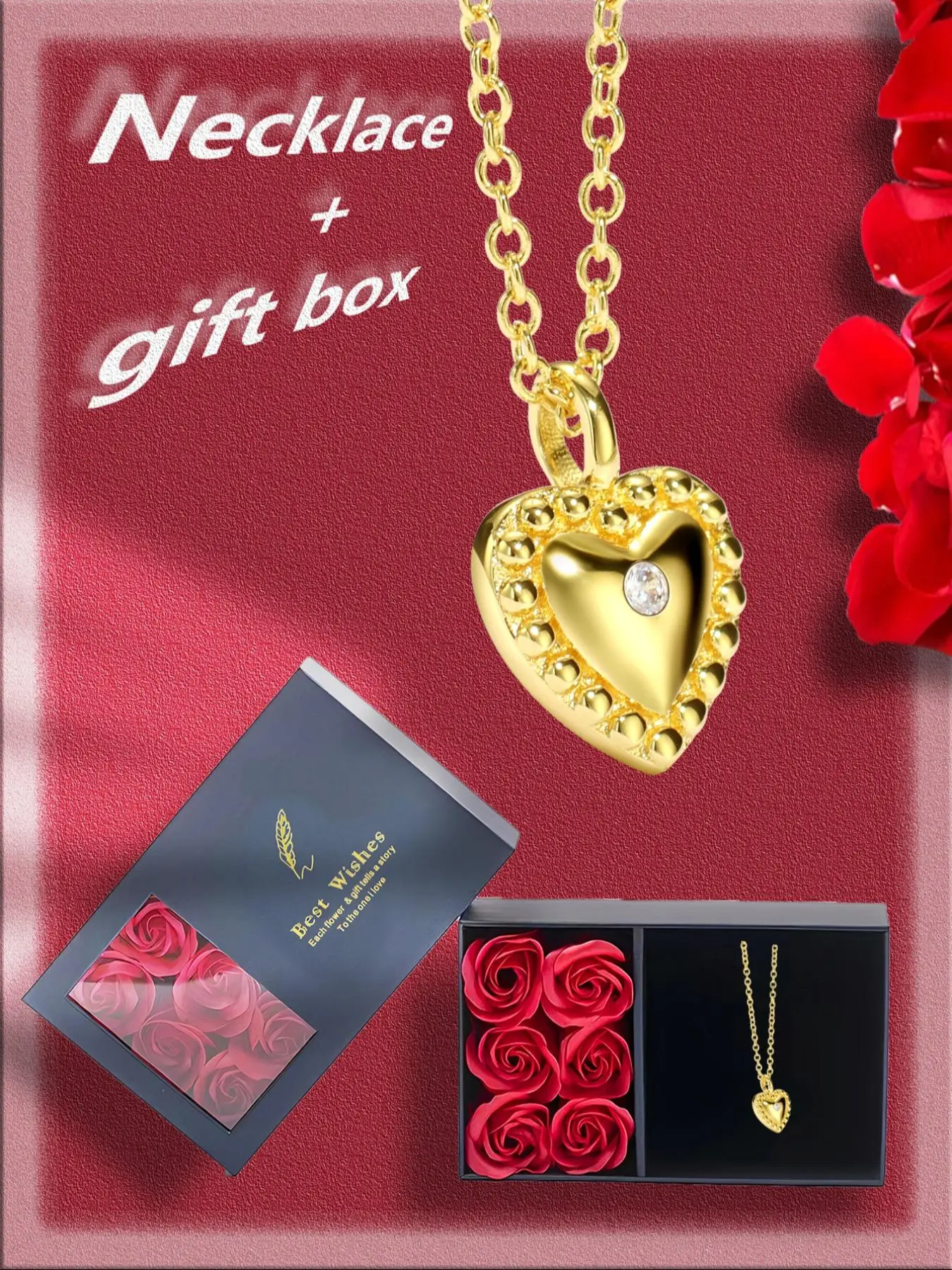 Women's Elegant Heart Shaped Pendant Necklace with Rose Gift Box, Exquisite Trendy Rhinestone Decor Pendant Necklace, Chic Jewelry As Gift for Girlfriend