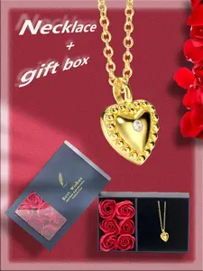 Women's Elegant Heart Shaped Pendant Necklace with Rose Gift Box, Exquisite Trendy Rhinestone Decor Pendant Necklace, Chic Jewelry As Gift for Girlfriend