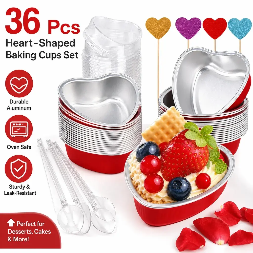 36-Pack Sturdy Heart-Shaped Foil Cake Pans Set for Bakers - 3.4oz Aluminum Mini Baking Molds with Lids, Pre-Pleated Disposable Paper Liners for Valentine’s Romantic Events, Foil Pack/Custom-Shaped/Aluminum Mold Muffin Cupcake Tins & Moulds, Food-Safe Muff